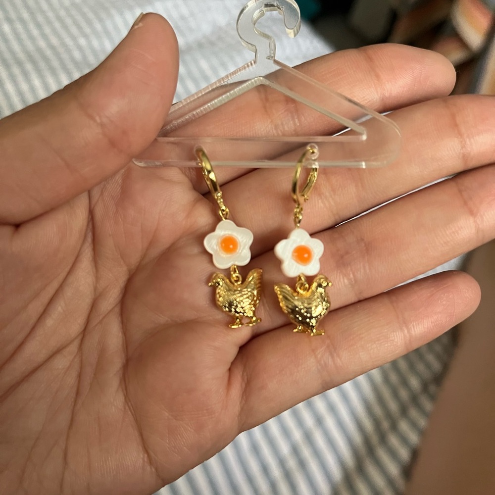 Gold Chicken & White Orange Flower Drop Earrings